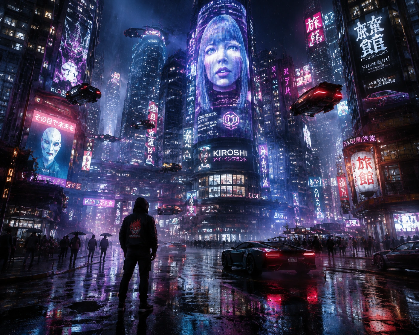 Futuristic cyberpunk city with neon skyscrapers and flying cars at night