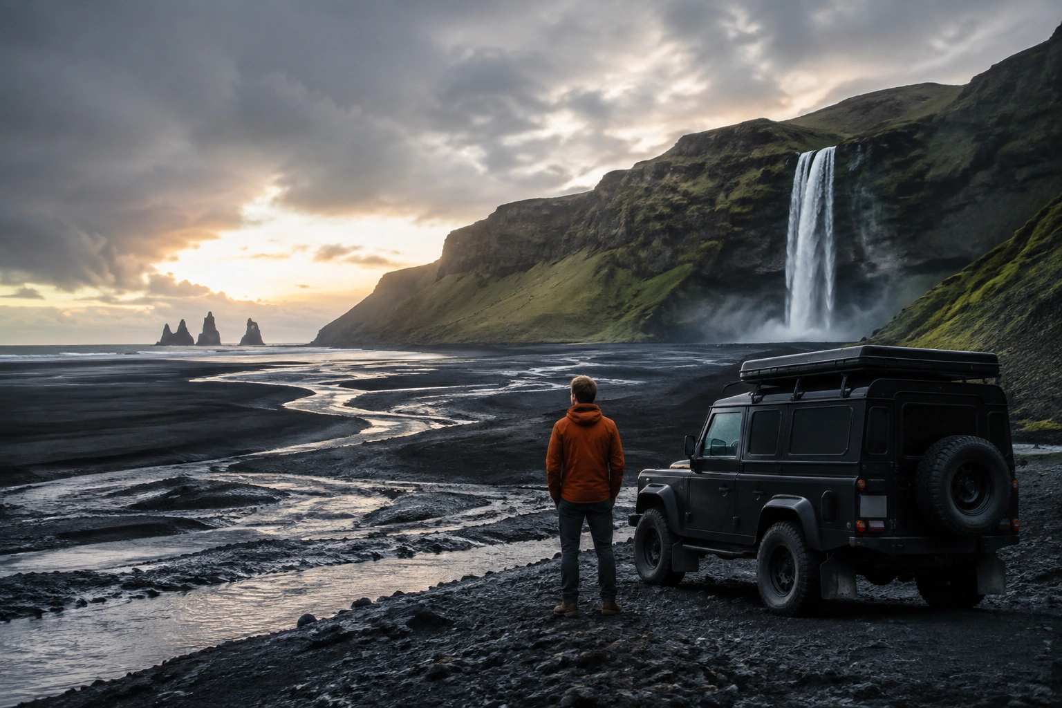 Traveler beside an off-road SUV on an Icelandic black sand beach