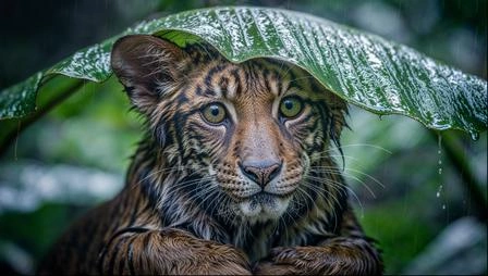 Baby tiger sheltered beneath a wet banana leaf in a rainforest