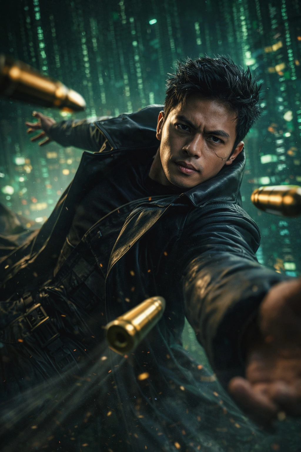 Man dodging bullets in a cinematic green code-filled cyberpunk scene
