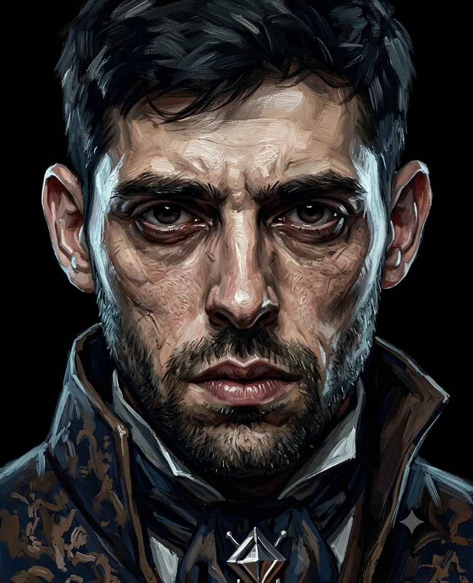 Dramatic close-up oil portrait with heavy brushwork and chiaroscuro light