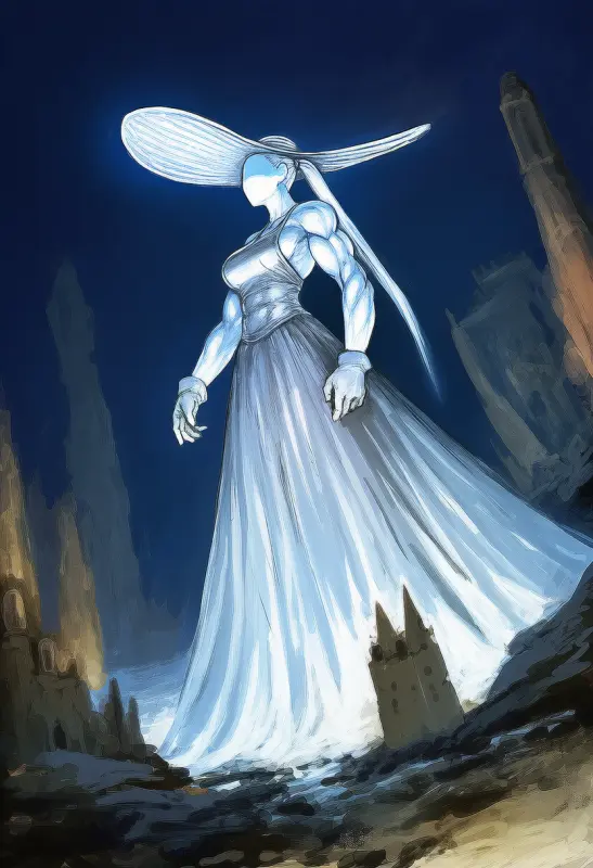 Glowing white-haired colossus standing over moonlit ruins and a sand castle