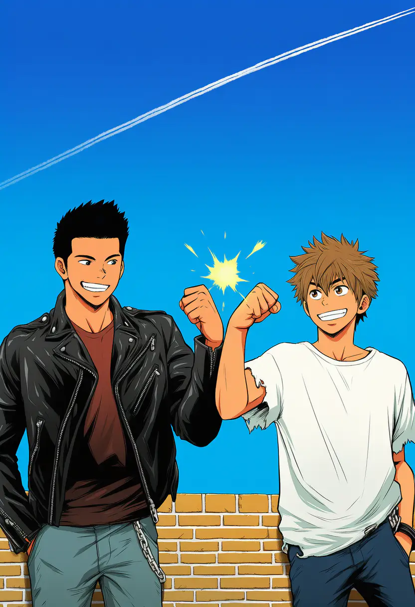 Two boys sharing a sparkling fist bump beneath a blue sky