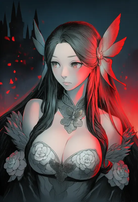 Firefly princess with a wing crown in a dark watercolor castle scene