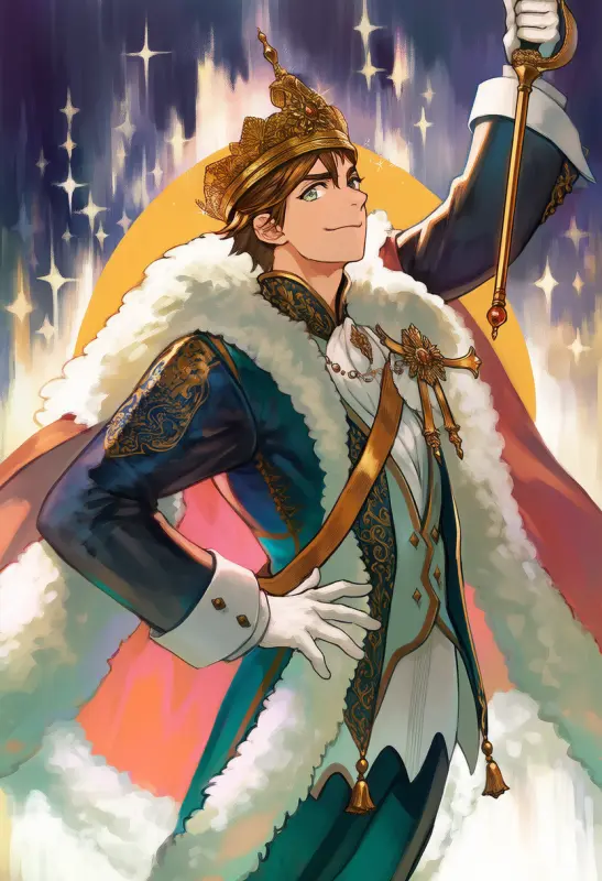 Painterly young royal holding a scepter against an abstract background
