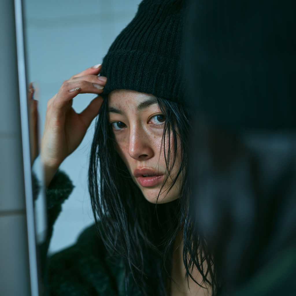 Person wearing a beanie looking into a bathroom mirror