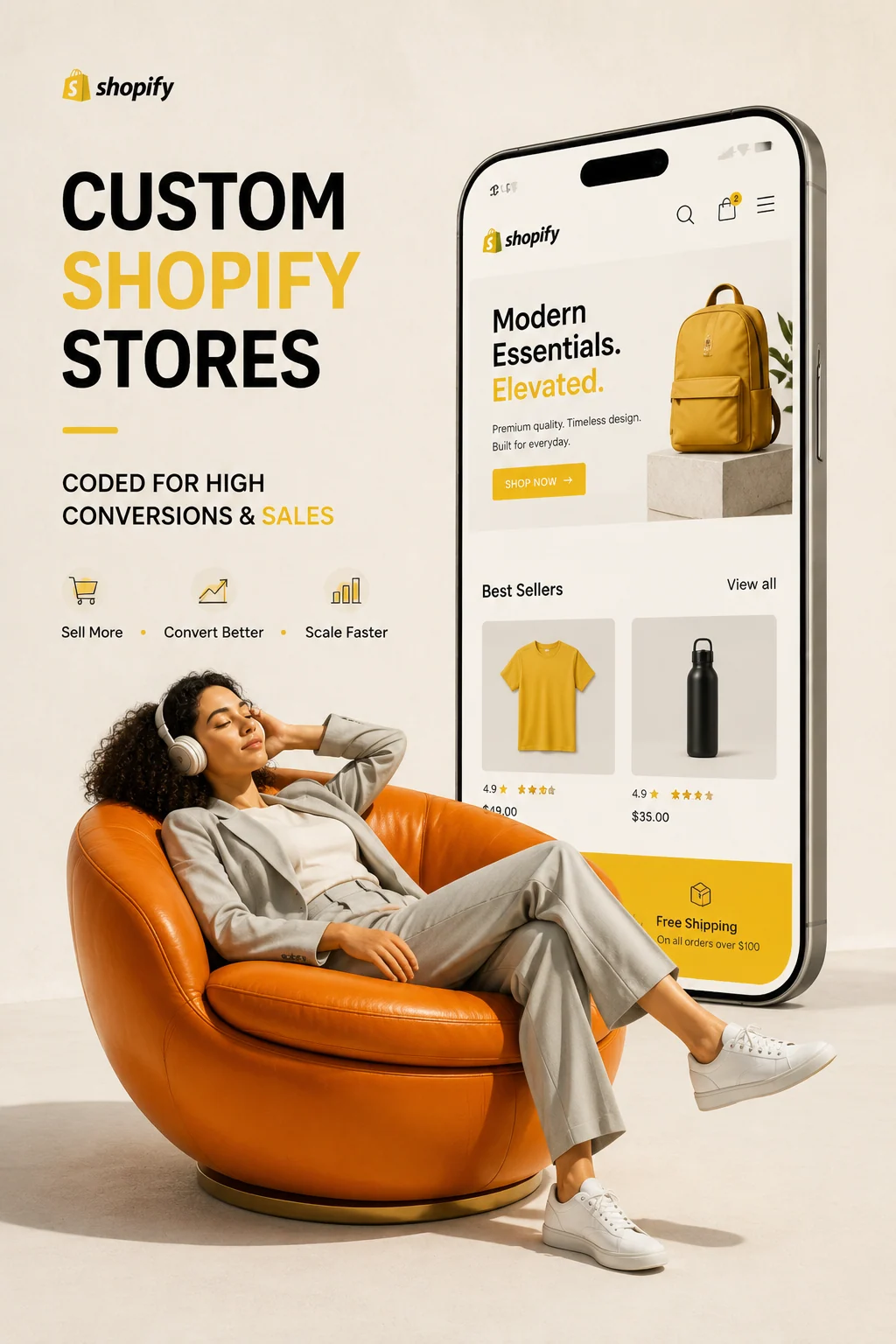 Shopify store advertising composition with a woman reclining beside an oversized phone