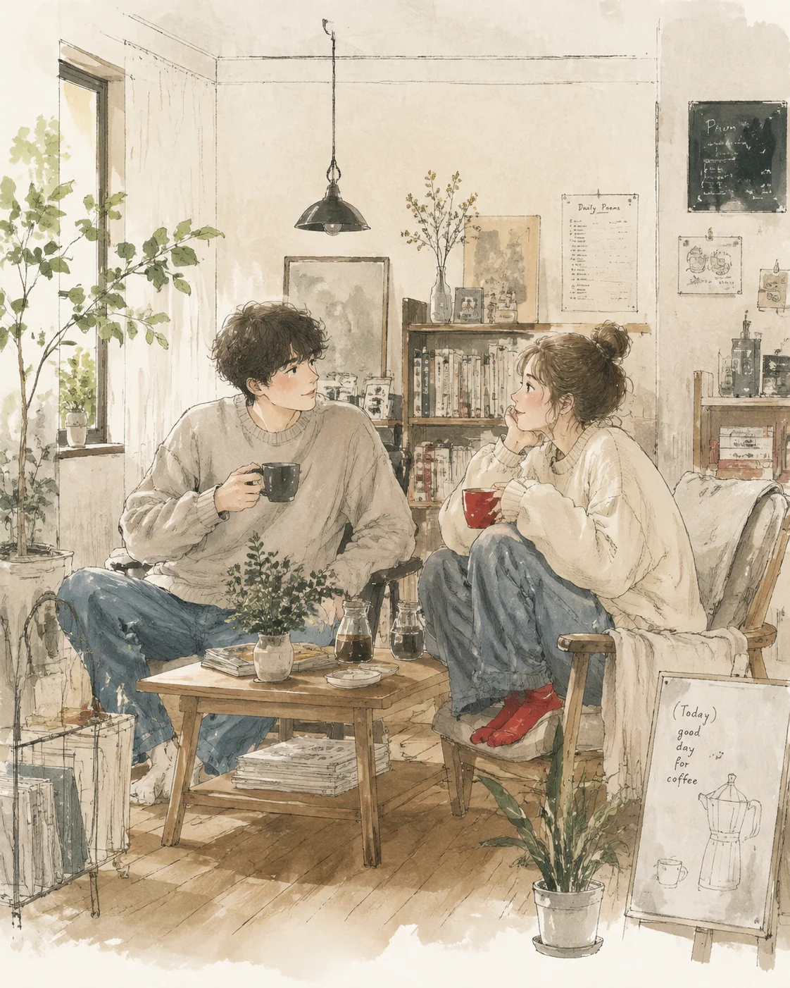 Two young adults talking in a softly colored hand-drawn cafe illustration
