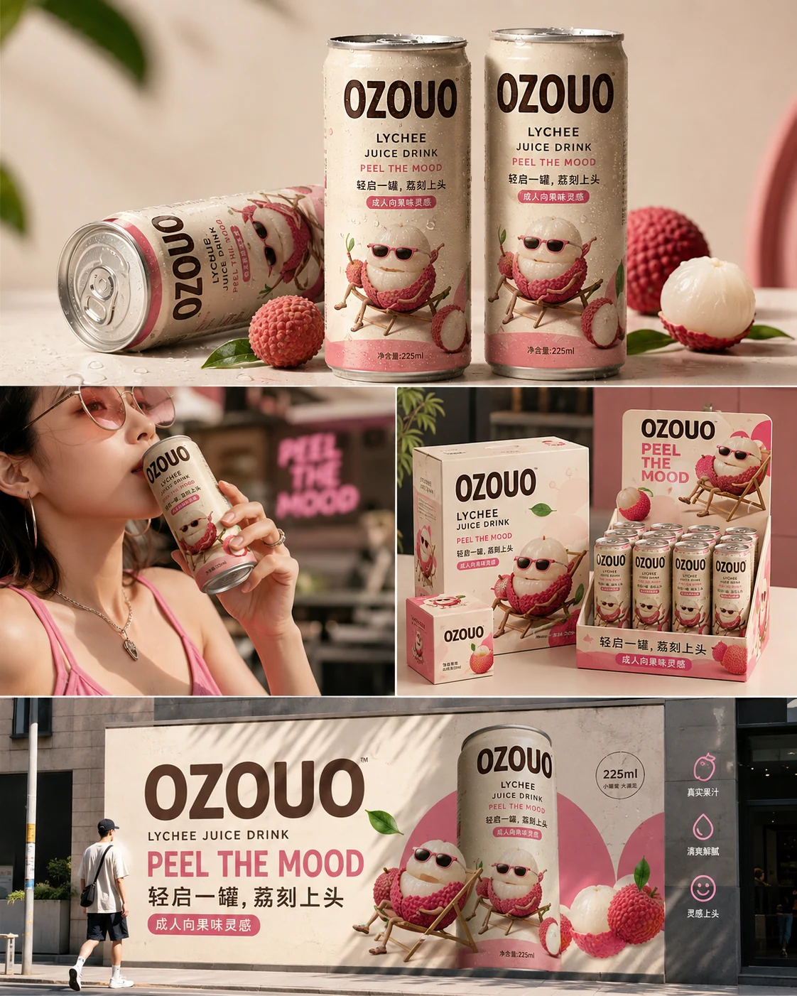 OZOUO lychee drink launch board with cans, lifestyle scenes, packaging, and outdoor advertising
