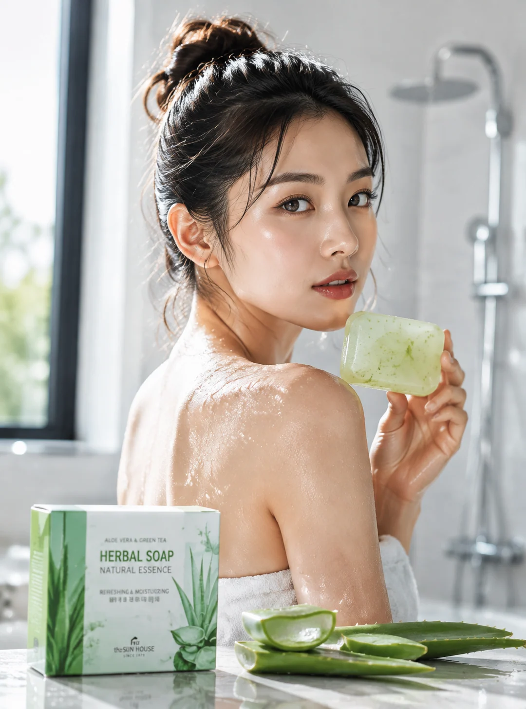 East Asian woman holding a translucent herbal soap bar in a bright modern bathroom