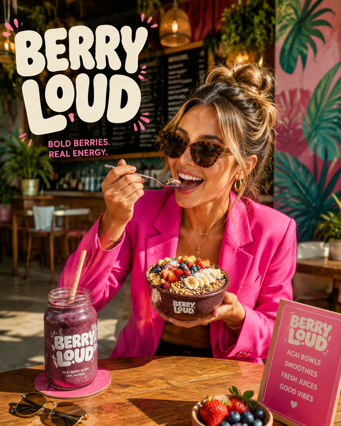 Berry Loud acai cafe advertisement with a woman in a bright pink blazer