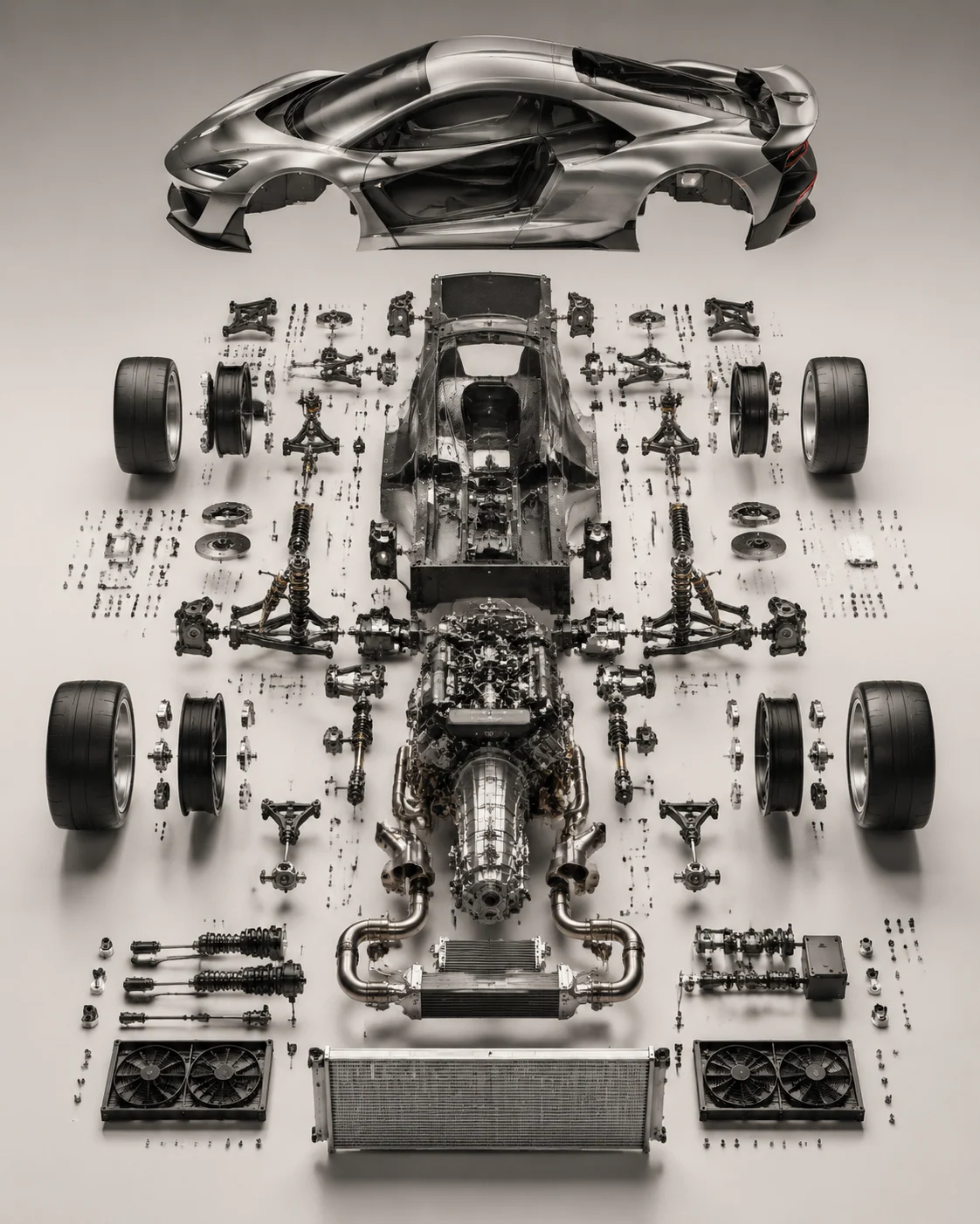 Precision exploded view of a Formula One chassis and mechanical systems