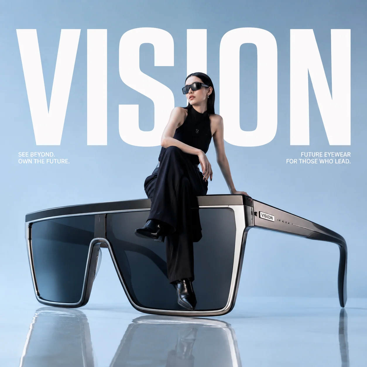 Model seated on oversized sculptural sunglasses beneath the word VISION