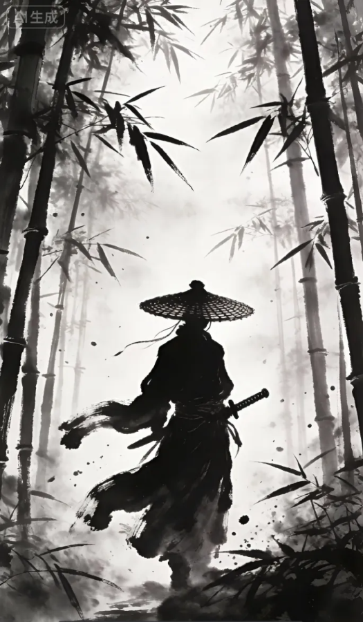 Ink-wash bamboo duel reference image 1